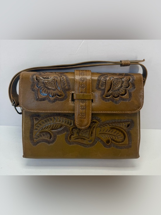 Flores Handbags - Vintage Flores Hand-Tooled Brown/green Leather accordion style shoulder Bag